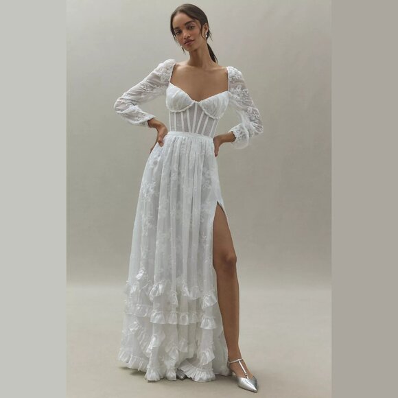 NEW V. Chapman Sizes 2, 6 Carmella Long-Sleeve Ruffled Chiffon Maxi Dress, White - Picture 1 of 4